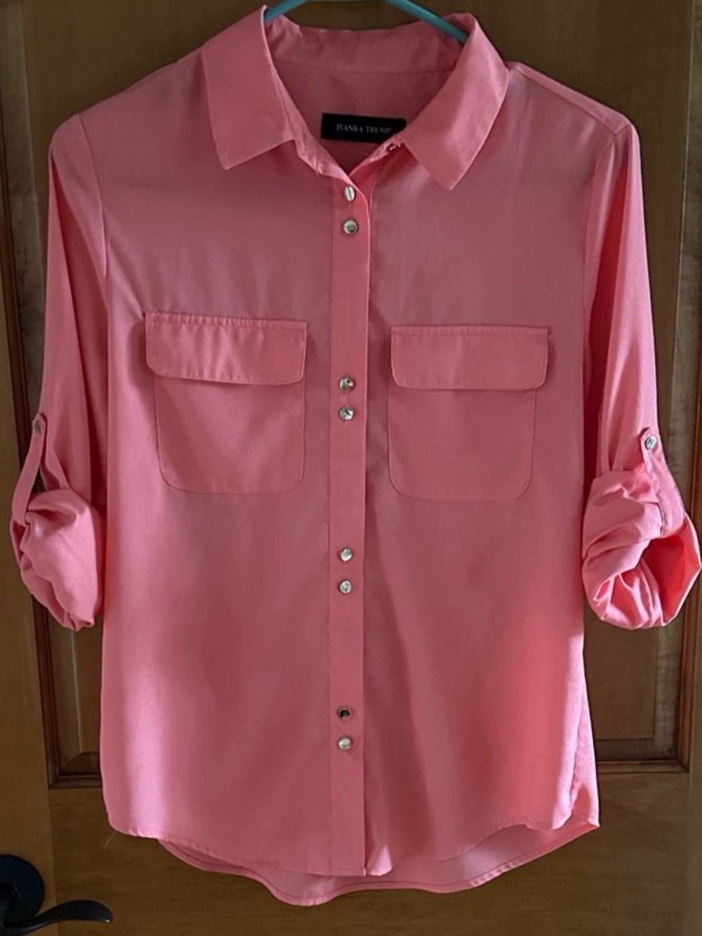 Ivanka Trump Peach Pink Roll Tab Sleeve Button Up Utility Blouse Size M